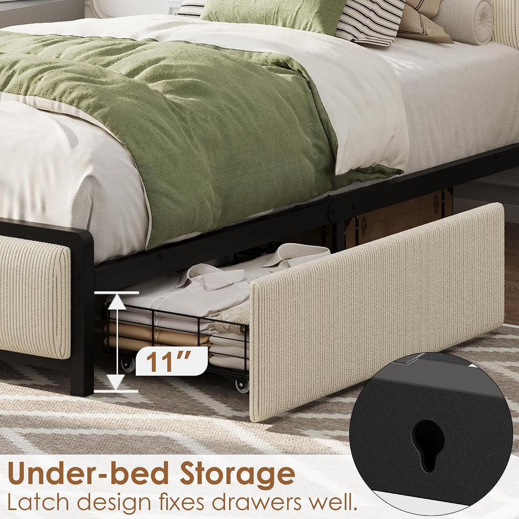 GAOMON Twin Size Bed Frame with 2 Storage Drawers and Charging Station, Rustic Velvet Upholstered Platform Bedframe with Storage Headboard, No Box Spring Needed, Easy Assembly, Noise Free, Beige
