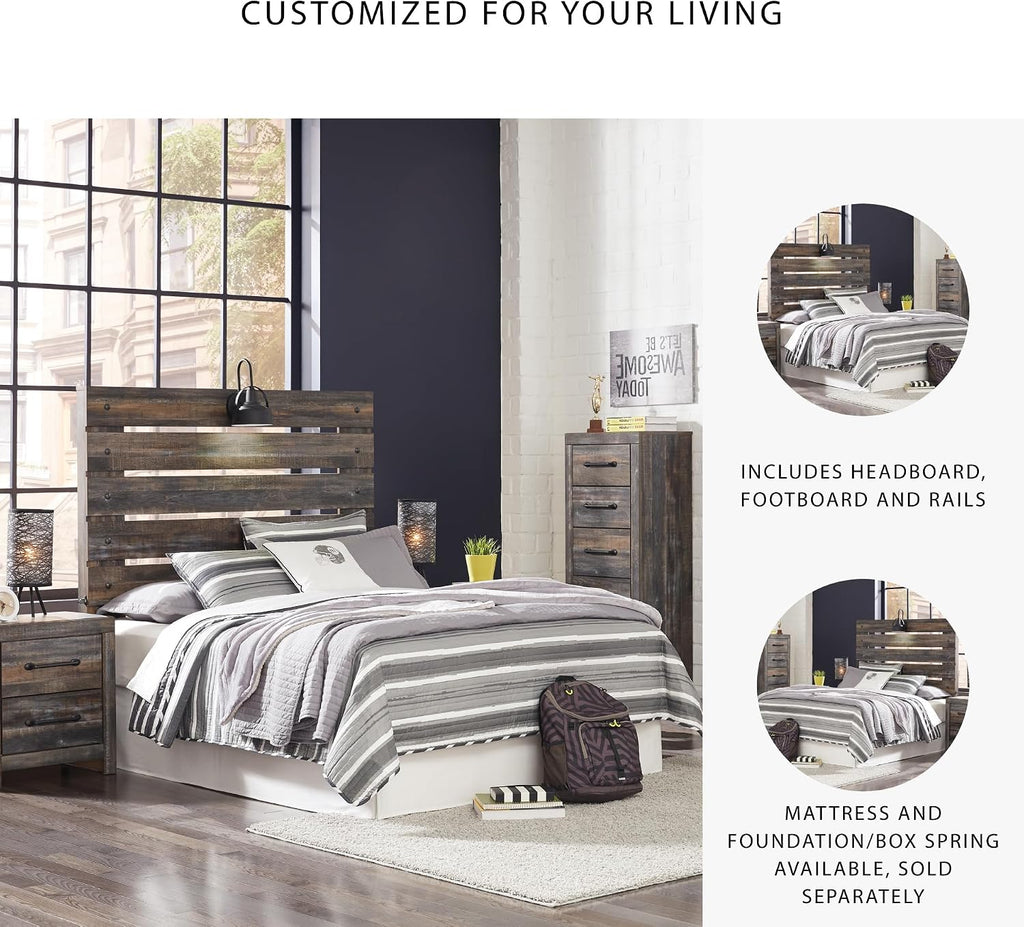 Signature Design by Ashley Drystan Rustic Full Panel Bed, Sconce LED Lights, USB Ports and Nailheads, Foundation or Box Spring Needed, Dark Brown & Gray