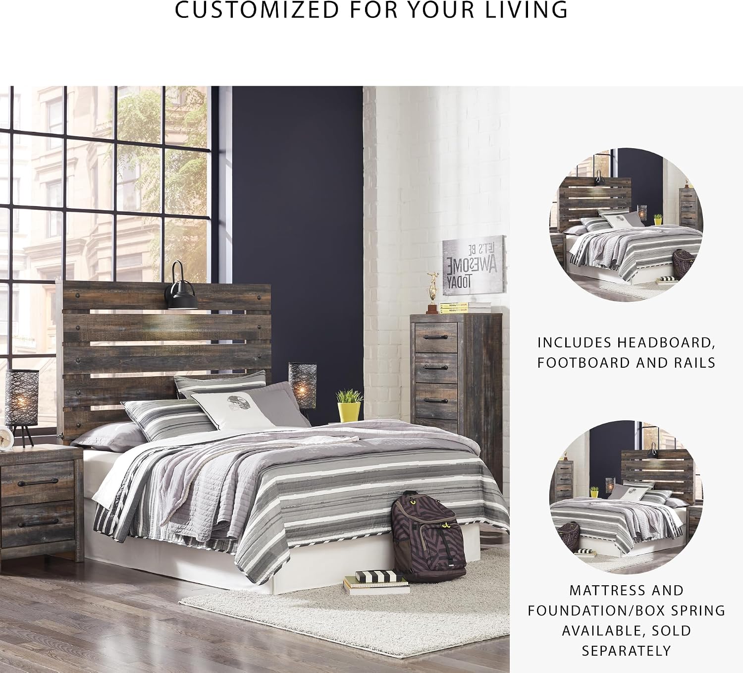 Signature Design by Ashley Drystan Rustic Full Panel Bed, Sconce LED Lights, USB Ports and Nailheads, Foundation or Box Spring Needed, Dark Brown & Gray
