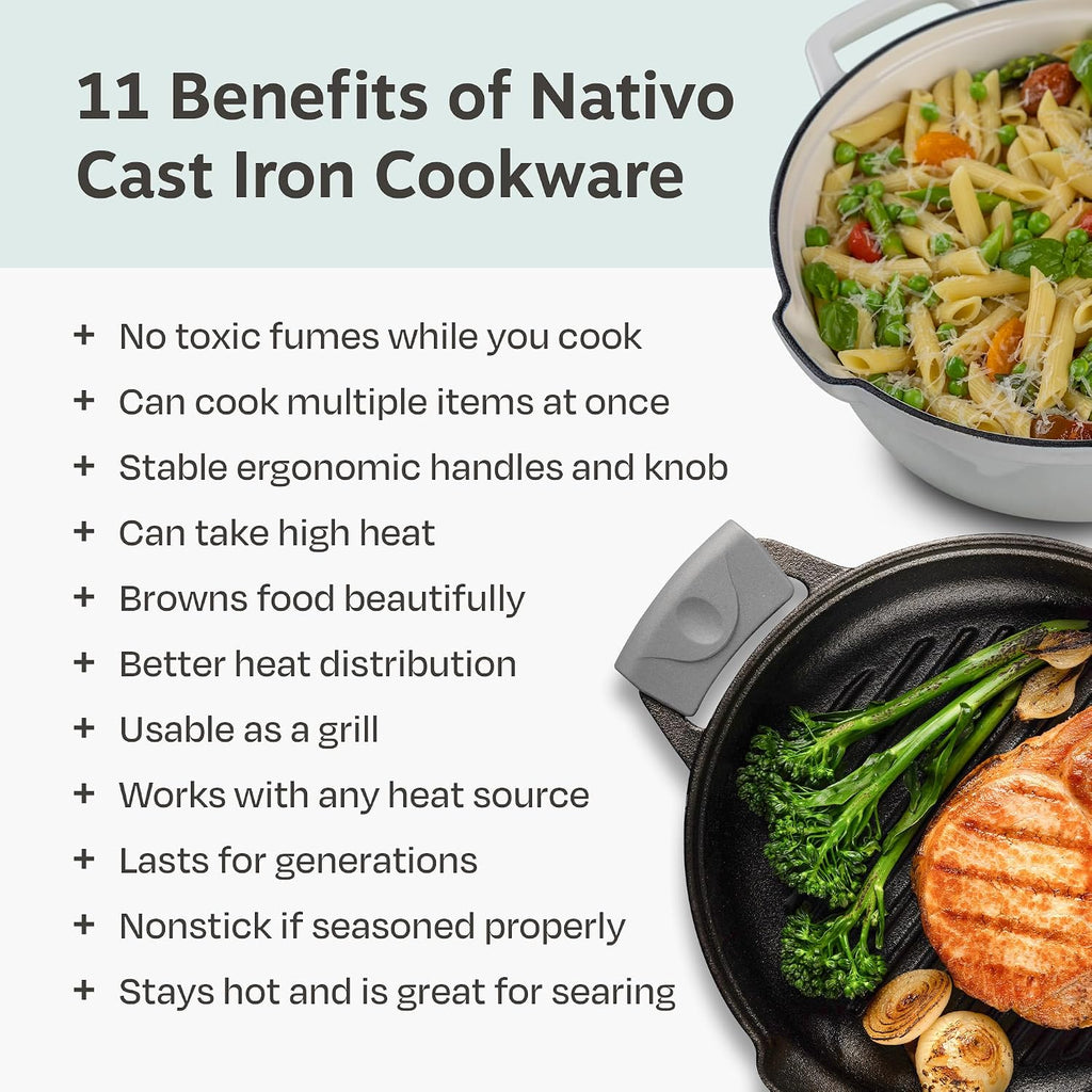 NATIVO 5pc Stackable Cast Iron Cookware Set, Versatile Enamel Dutch Oven, Seasoned Grill Pan & Enamel Braiser with Precision Pour Spouts, Universal Lid, Included Spacers/Handle Holders, White Dutch