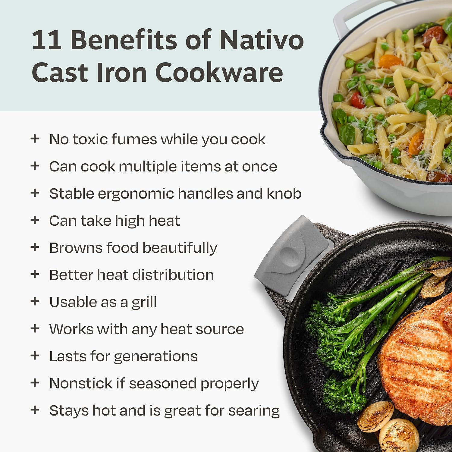 NATIVO 5pc Stackable Cast Iron Cookware Set, Versatile Enamel Dutch Oven, Seasoned Grill Pan & Enamel Braiser with Precision Pour Spouts, Universal Lid, Included Spacers/Handle Holders, White Dutch