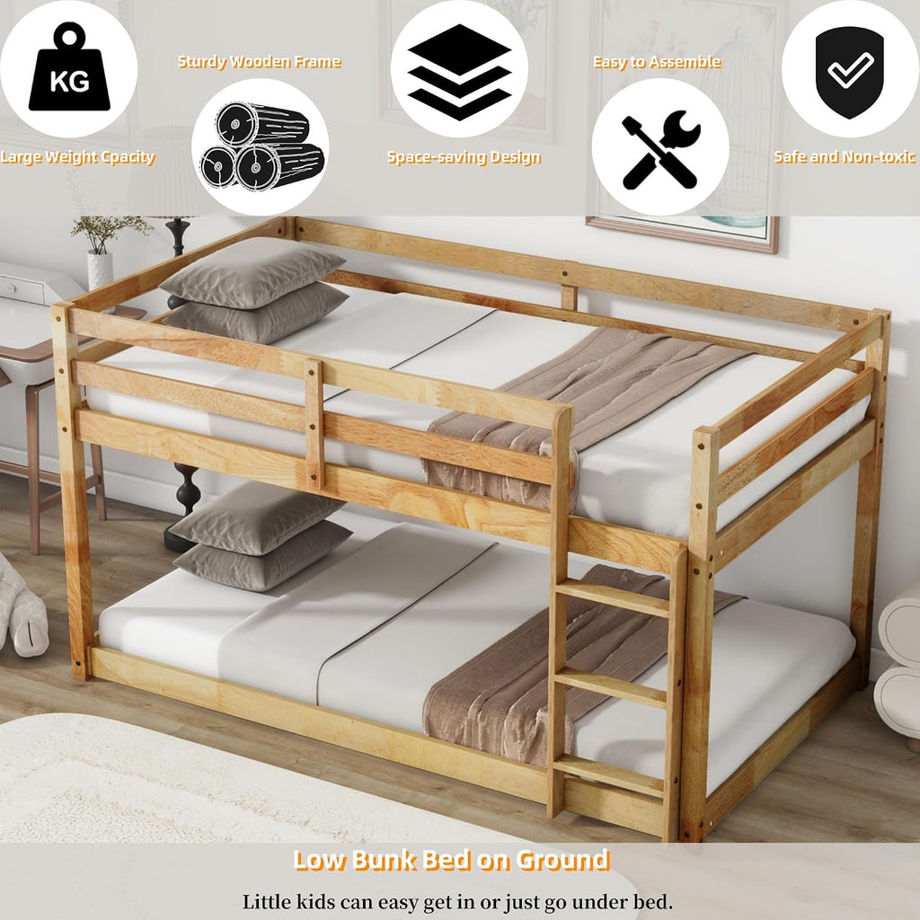 Bunk Bed Twin Over Twin, Floor Bunk Bed with Ladder, Safety Guard Rails, Heavy Duty Wooden Twin Bunk Beds Frame Low Bunkbeds No Box Spring Required, Natural