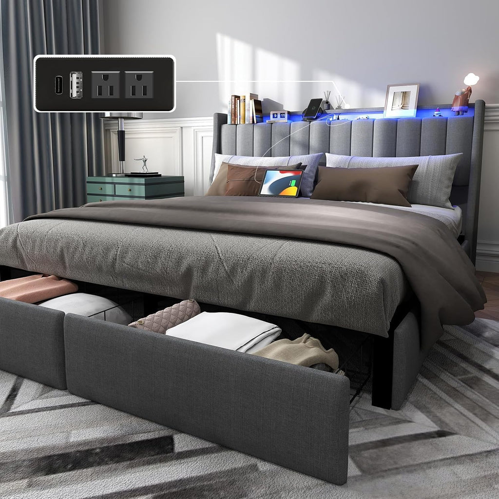 UINTAI Full Size Bed Frame with Headboard and 2 Storage Drawers, Platform Full Size Bed Upholstered with LED Lights and Charging Station, Steel Slat Support, No Box Spring Needed, Easy Assembly, Gray