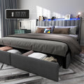 UINTAI Full Size Bed Frame with Headboard and 2 Storage Drawers, Platform Full Size Bed Upholstered with LED Lights and Charging Station, Steel Slat Support, No Box Spring Needed, Easy Assembly, Gray