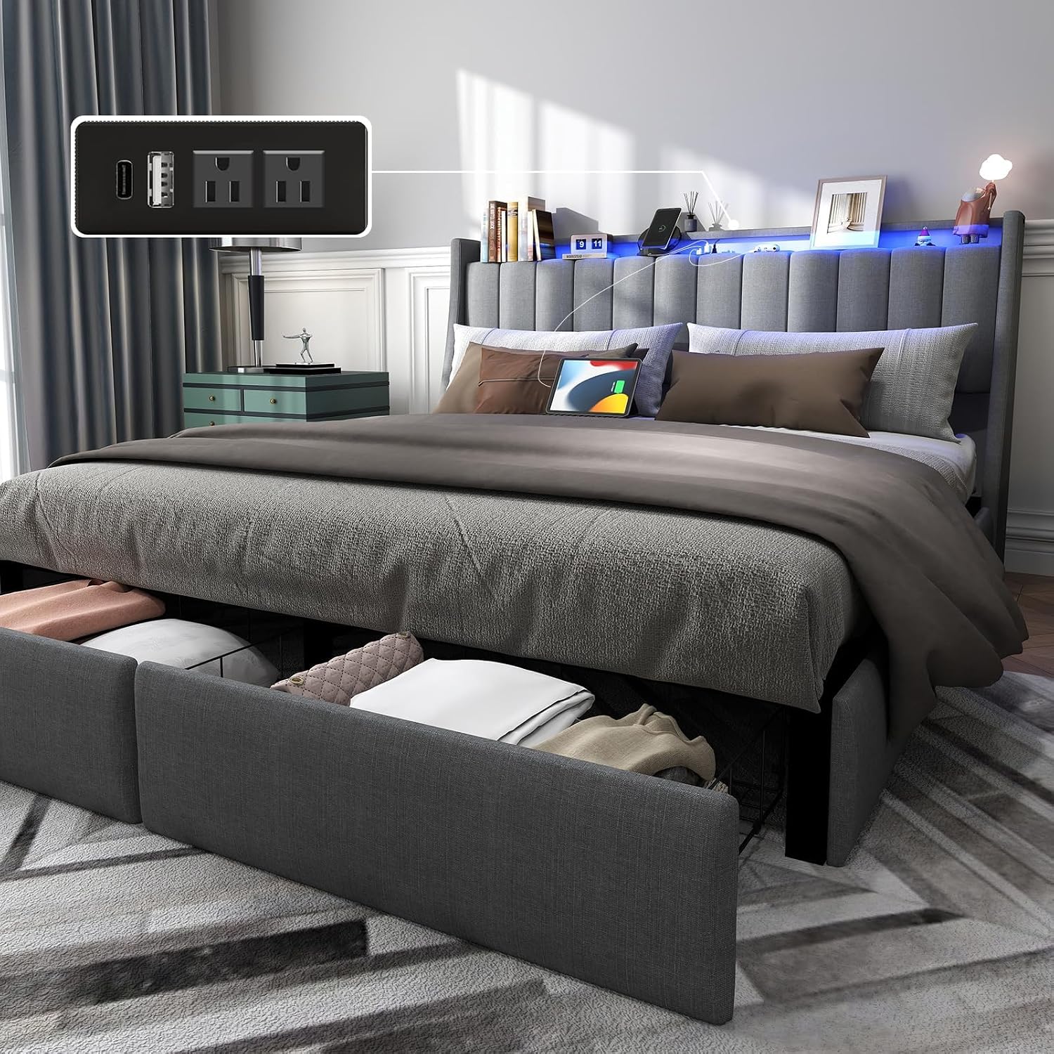 UINTAI Full Size Bed Frame with Headboard and 2 Storage Drawers, Platform Full Size Bed Upholstered with LED Lights and Charging Station, Steel Slat Support, No Box Spring Needed, Easy Assembly, Gray