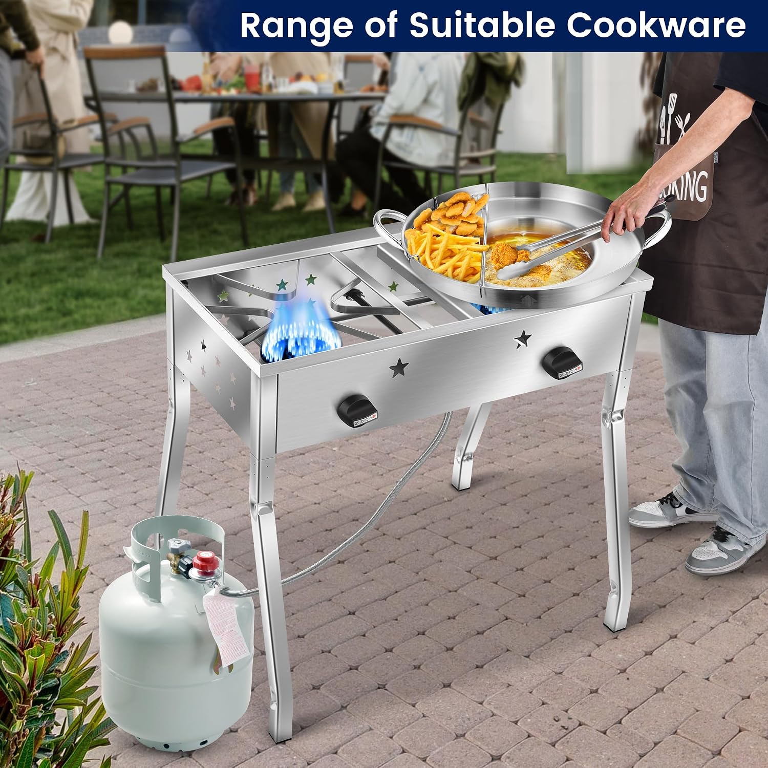 ARC 150,000 BTU Double Burner Stove With 23' Discada Comal Set | Outdoor Camping Cookware for Tacos, Tortillas | Stainless Steel Griddle & Propane Stove Combo