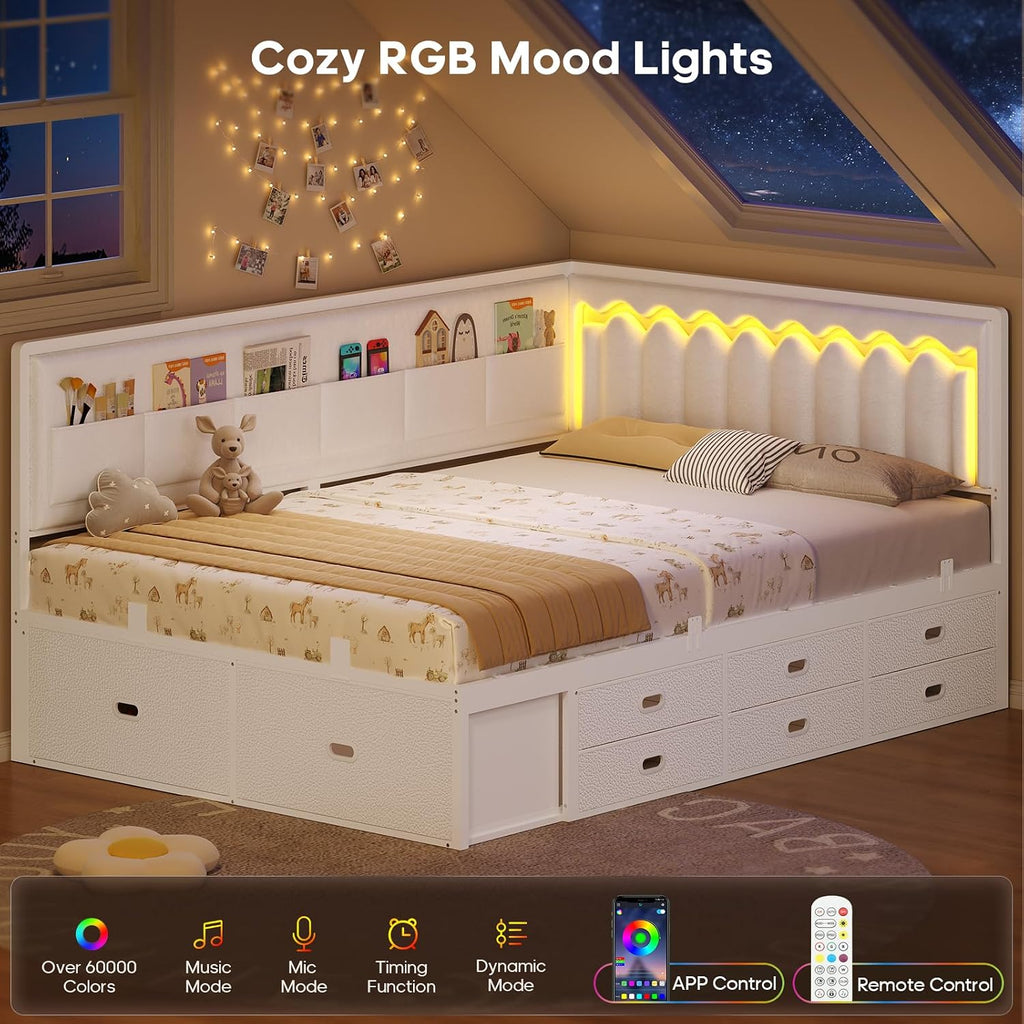 ADORNEVE Full Corner Bed Frame with 8 Drawers, 6 Storage Pockets, Full Daybed with Storage and RGB Wave Lights, Platform Bed with L-Shaped Upholstered Guardrail for Kids Teen,White