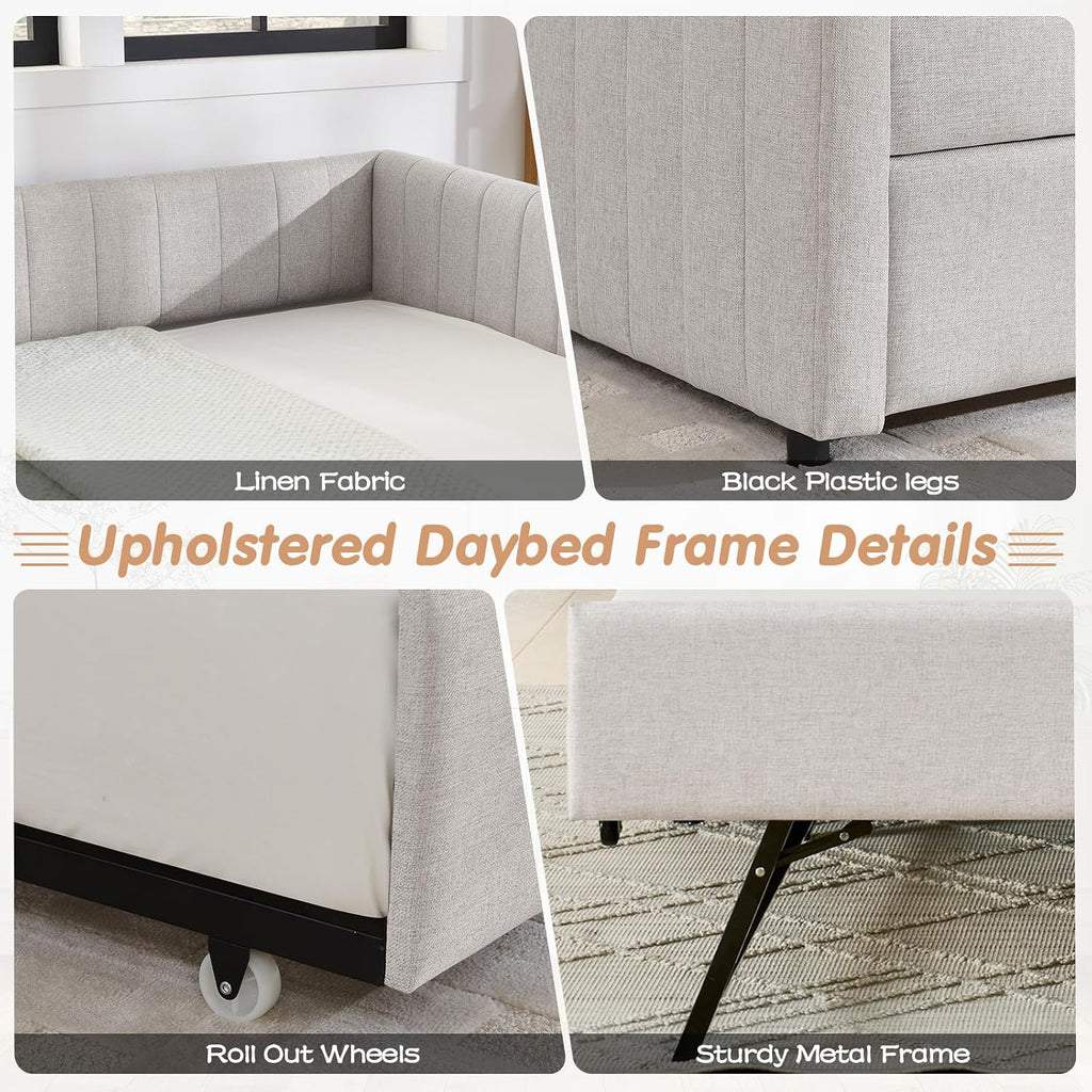 Twin to King Daybed with Trundle, USB Ports Soft Upholstered Daybed with Pop Up Trundle Bed Twin , Modern Extendable Day Bed Frame for Kids Bedroom Living Room Guest Room Small Places Linen White