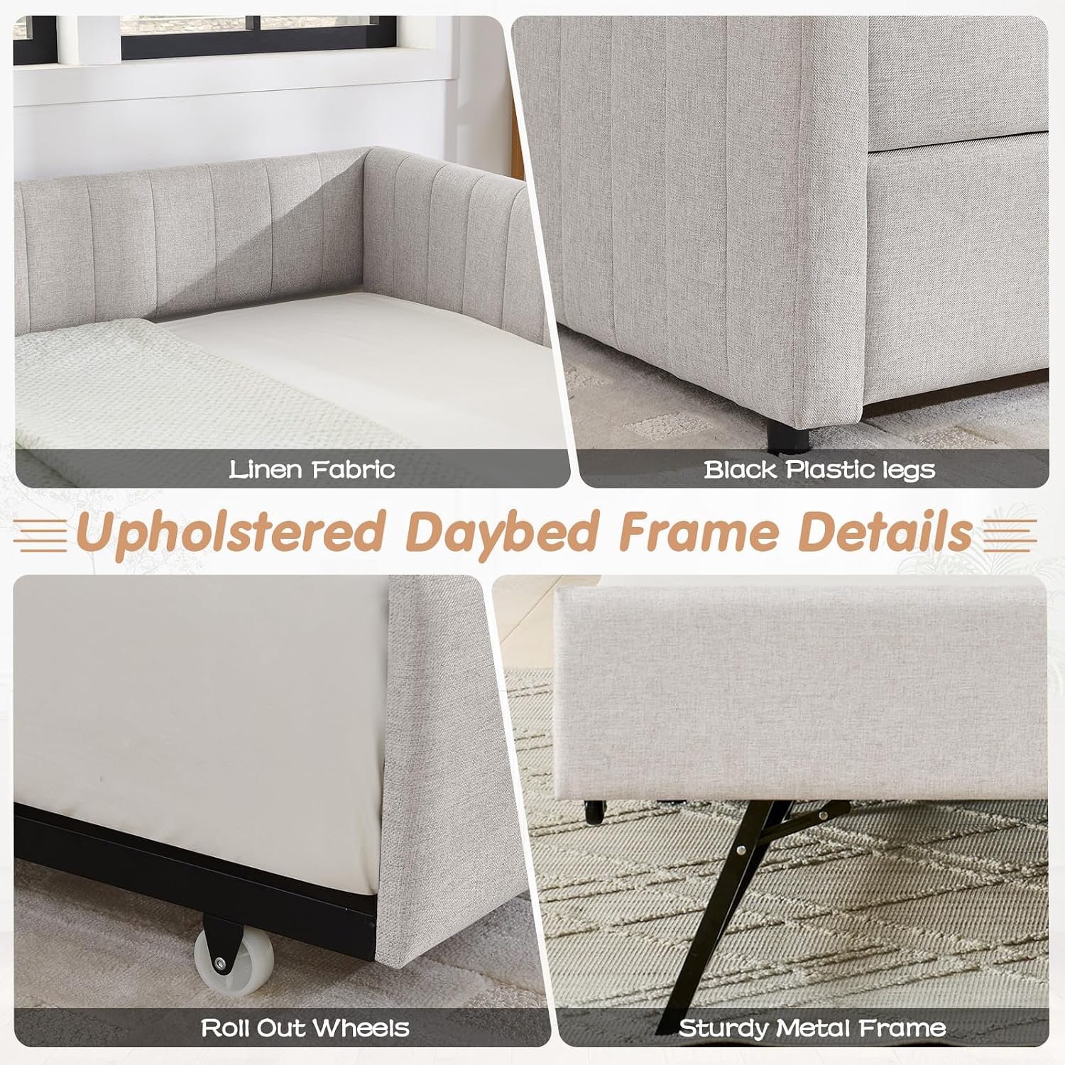 Twin to King Daybed with Trundle, USB Ports Soft Upholstered Daybed with Pop Up Trundle Bed Twin , Modern Extendable Day Bed Frame for Kids Bedroom Living Room Guest Room Small Places Linen White