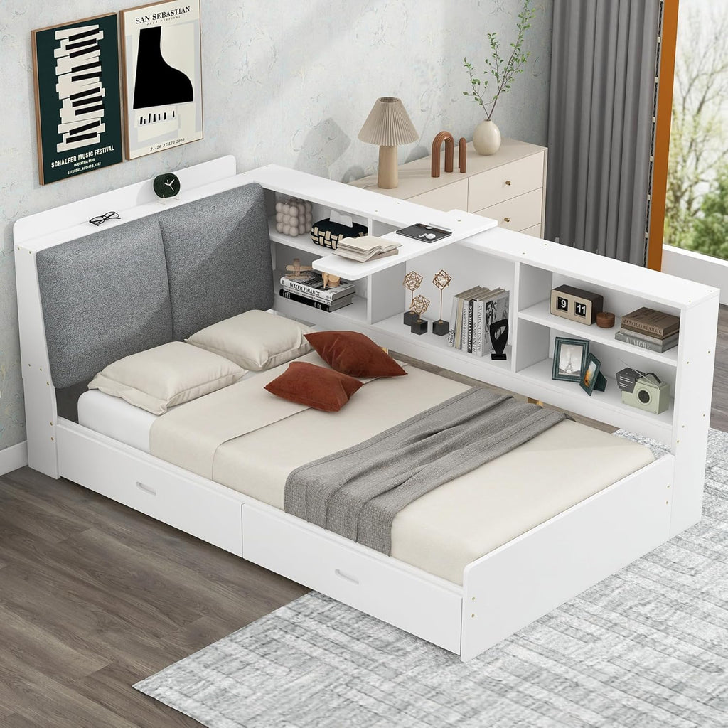 Bellemave Twin Corner Bed Frame, Captains Bedframe, Wood Twin Size Daybed with L-Shaped Bookcase and 2 Drawers，Twin Daybeds with Storage Cabinets, White