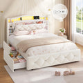 DICTAC Full Size Bed Frame for Kids with 4 Storage Drawers, Bookcase Headboard, LED Lights and Power Outlets, Diamond Tufted Velvet Upholstered Princess Platform Bed, Heavy-Duty Metal Support, Beige