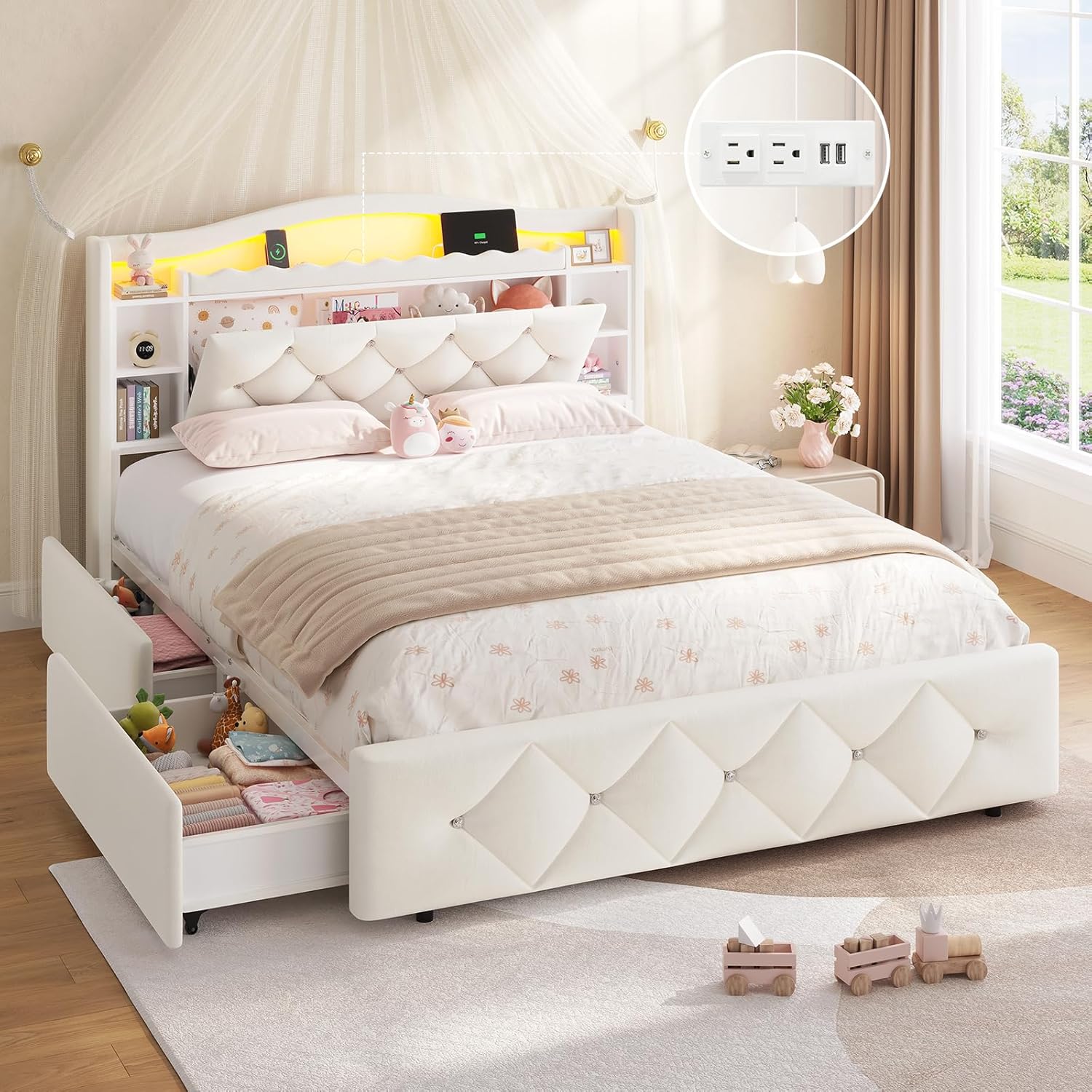 DICTAC Full Size Bed Frame for Kids with 4 Storage Drawers, Bookcase Headboard, LED Lights and Power Outlets, Diamond Tufted Velvet Upholstered Princess Platform Bed, Heavy-Duty Metal Support, Beige