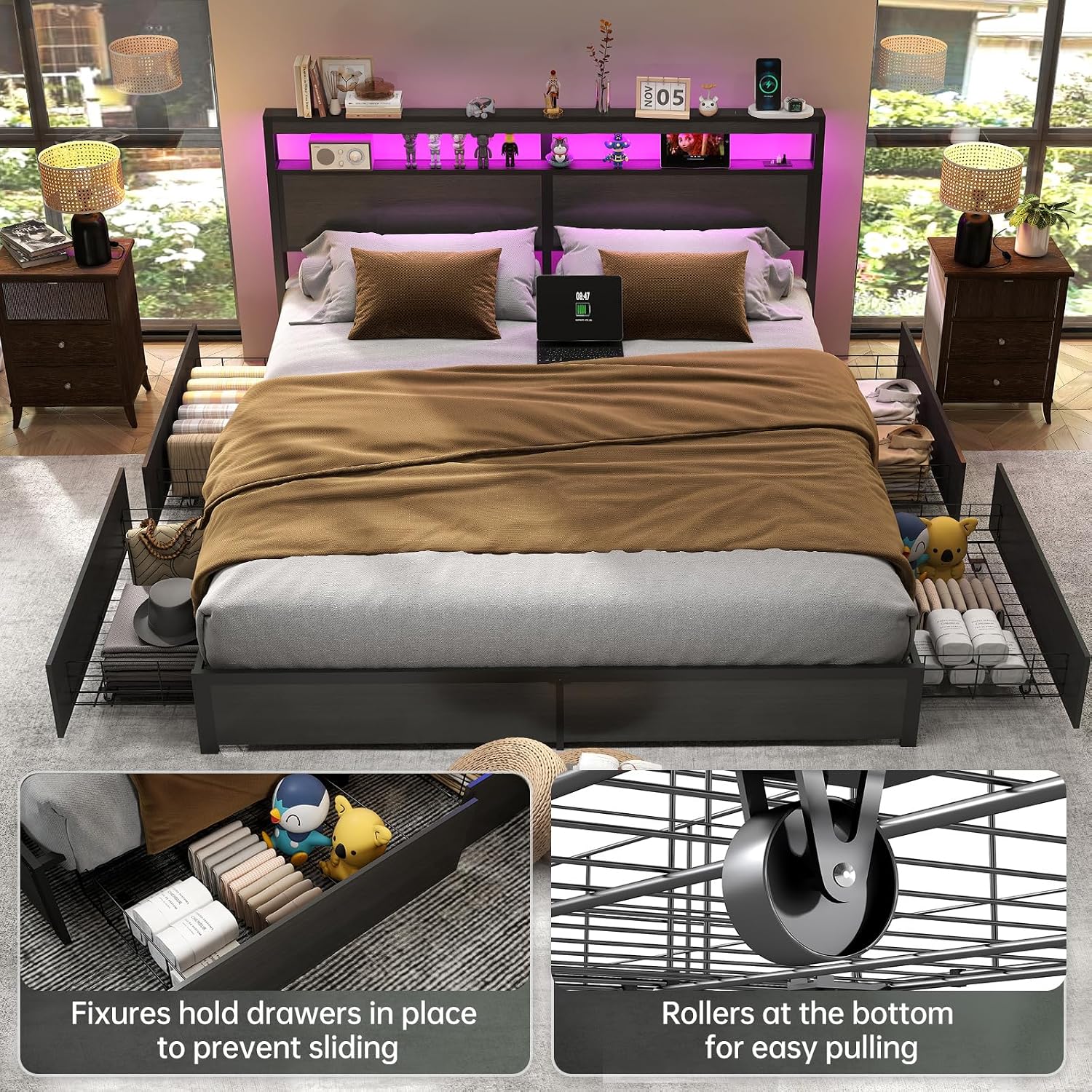 King Bed Frame with 2-Tier Storage Headboard and 4 Drawers, Metal Platform Bed Frame with LED & Charging Station, No Box Spring Needed/Noise Free/Easy Assembly, Rustic Grey