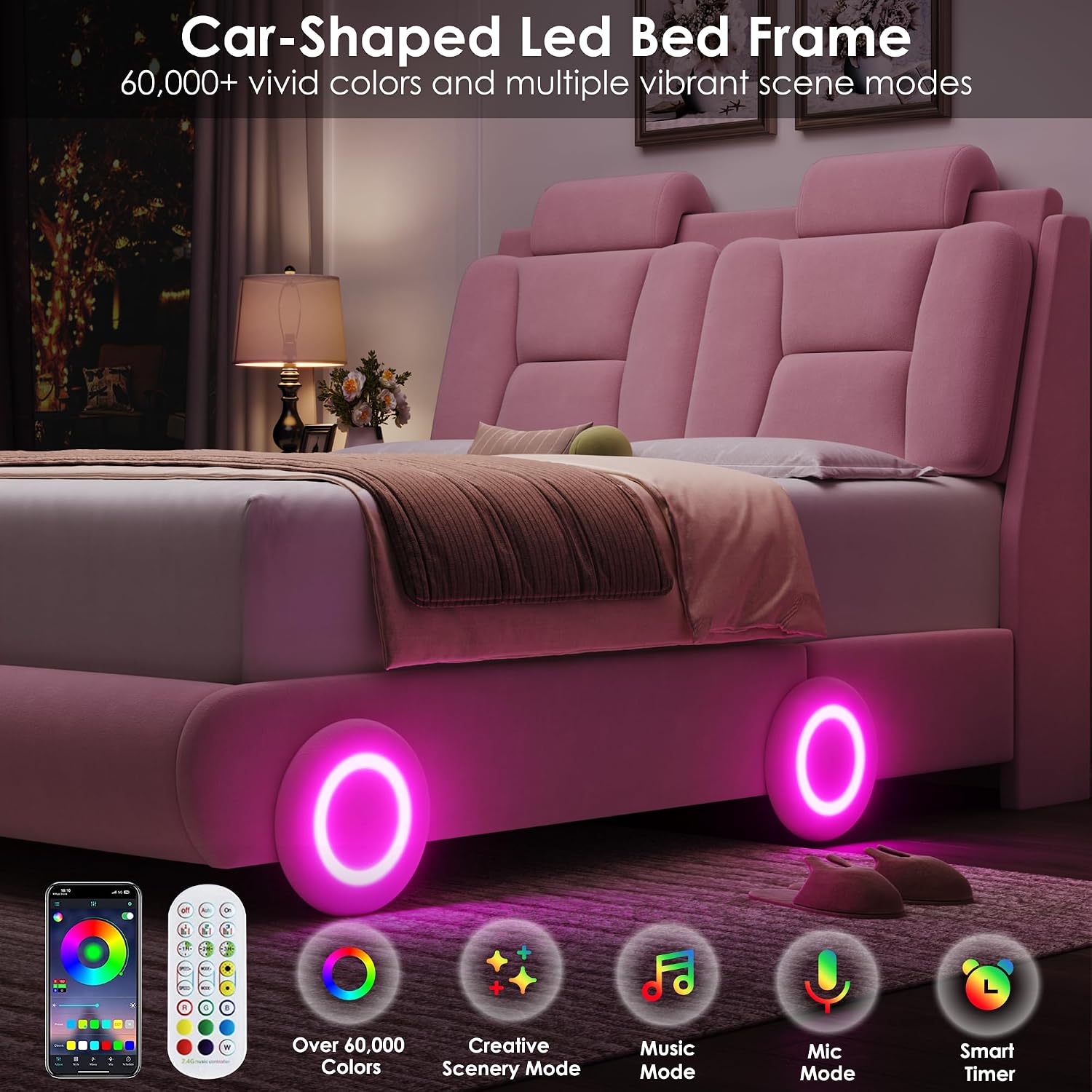 Keyluv Full Led Car Bed Frame with Wheels Decor & Adjustable Curved Headboard Modern Upholstered Platform Bed with Detachable Pillows Solid Wooden Slats Support No Box Spring Needed, Velvet Pink