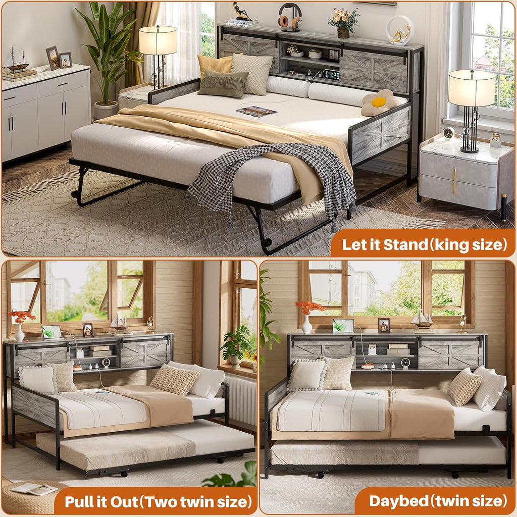Homieasy Farmhouse Twin Daybed with Pop-Up Trundle, Metal Trundle Bed Frame with Bookcase Headboard, Charging Station & Barn Door Storage for Bedroom & Guest Room, Light Oak