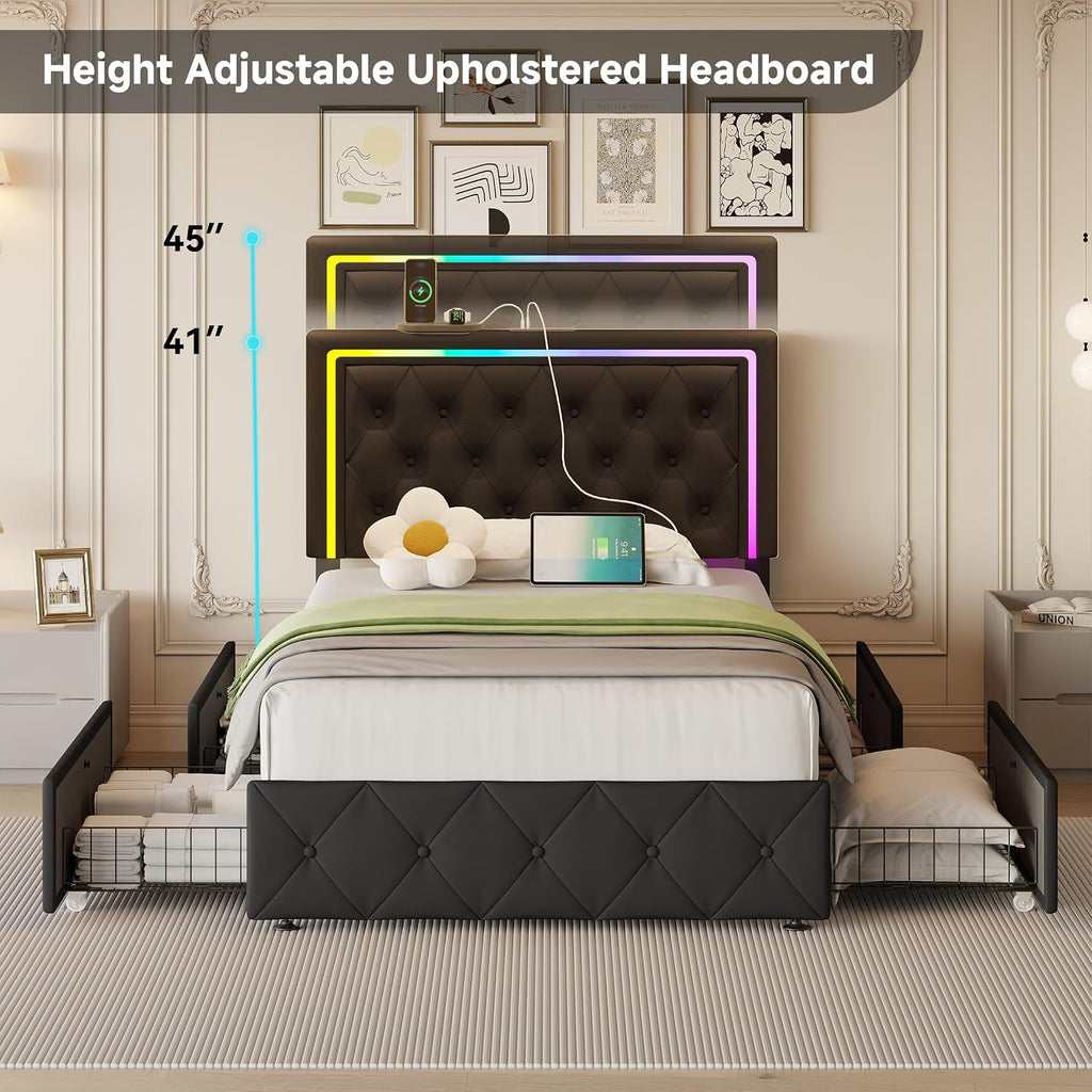 LED Twin Bed Frames with Headboard and Storage,Twin Size Bed Frames with 4 Storage Drawers and LED Lights,Velvet Upholstered Platform Twin Bed Frame with Charging Station,No Box Spring Needed,Black