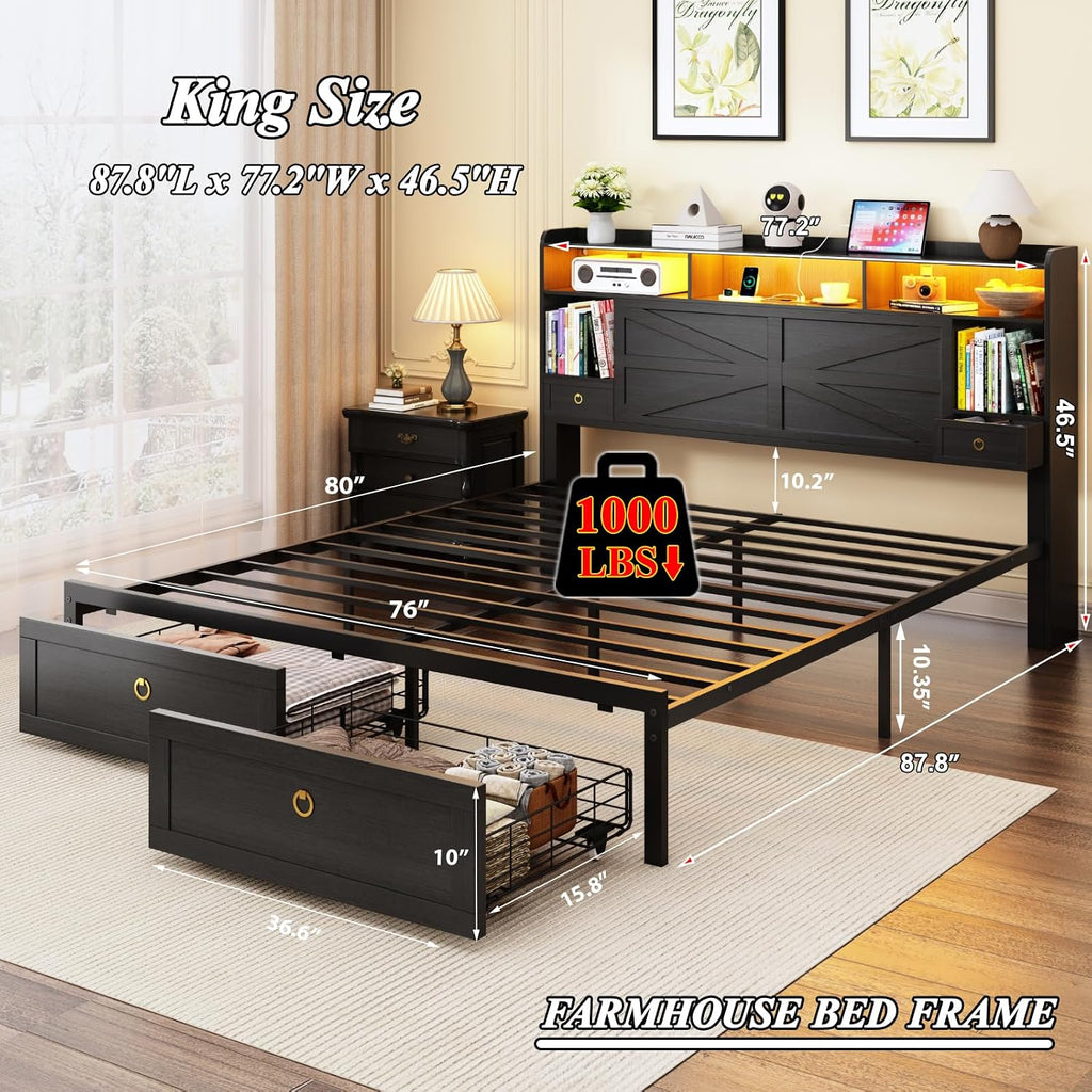 King Bed Frame with Storage Headboard, Farmhouse Platform Bed Frame with Bookshelf, Drawers, LED Lights and Charging Station, Metal Slats Support, Noise Free, No Box Spring Needed, Black