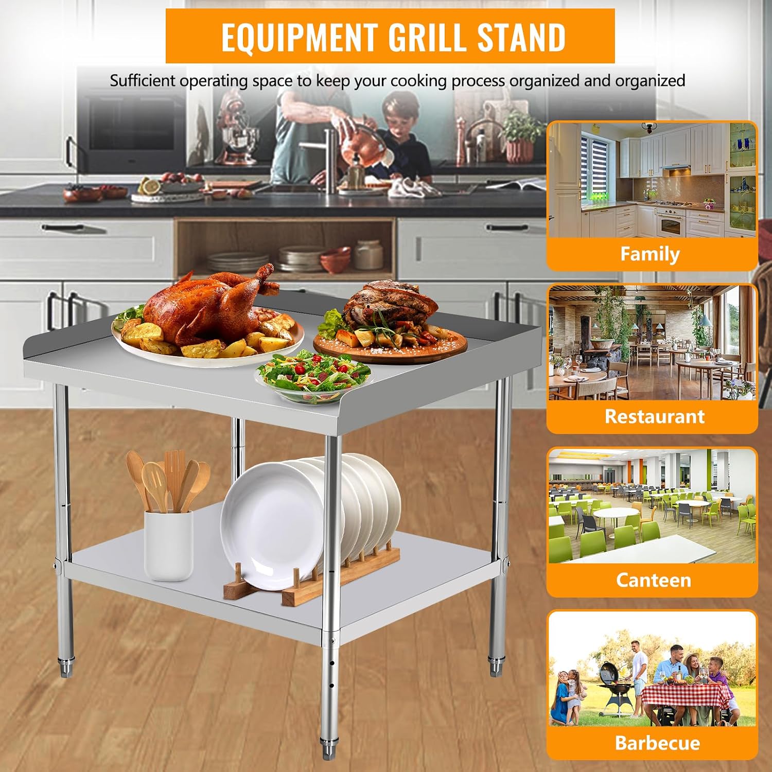 36'x24'x30' Stainless Steel Grill Stand Table, NSF Certified, 400 lbs Capacity, Adjustable Legs, 3-Sided 2' Edge Baffle for Kitchen, Restaurant, Hotel