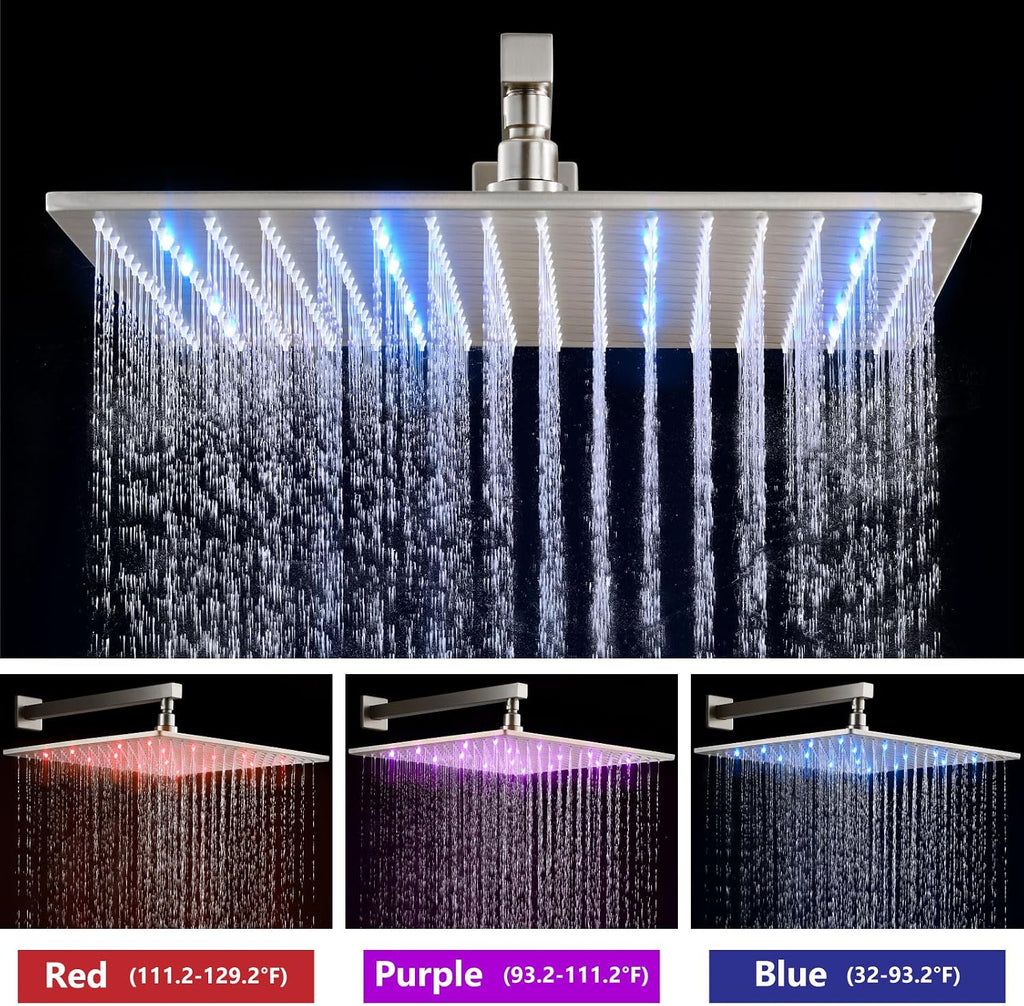 Aolemi Shower Faucet Set with Handheld Spray High Pressure Shower System Shower Faucets Sets Complete Rough-in Valve and Shower Trim Kit Wall Mount Rainfall 16 Inch LED Shower Head Brushed Nickel