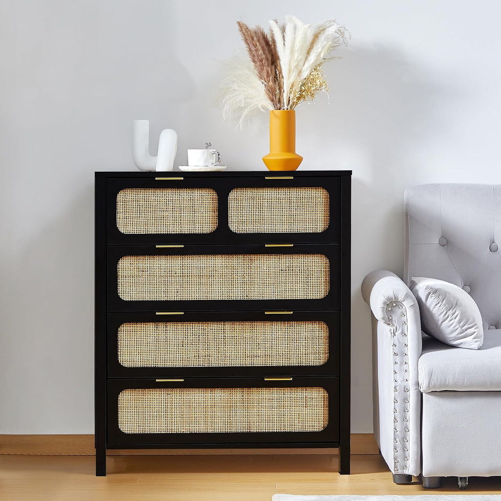 4 Drawer Dresser, Modern Rattan Dresser Chest with Wide Drawers and Metal Handles, Farmhouse Wood Storage Chest of Drawers for Bedroom, Living Room (Black-4 Drawers)