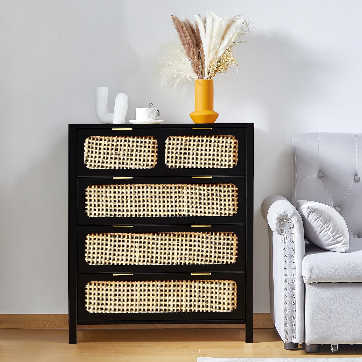 4 Drawer Dresser, Modern Rattan Dresser Chest with Wide Drawers and Metal Handles, Farmhouse Wood Storage Chest of Drawers for Bedroom, Living Room (Black-4 Drawers)