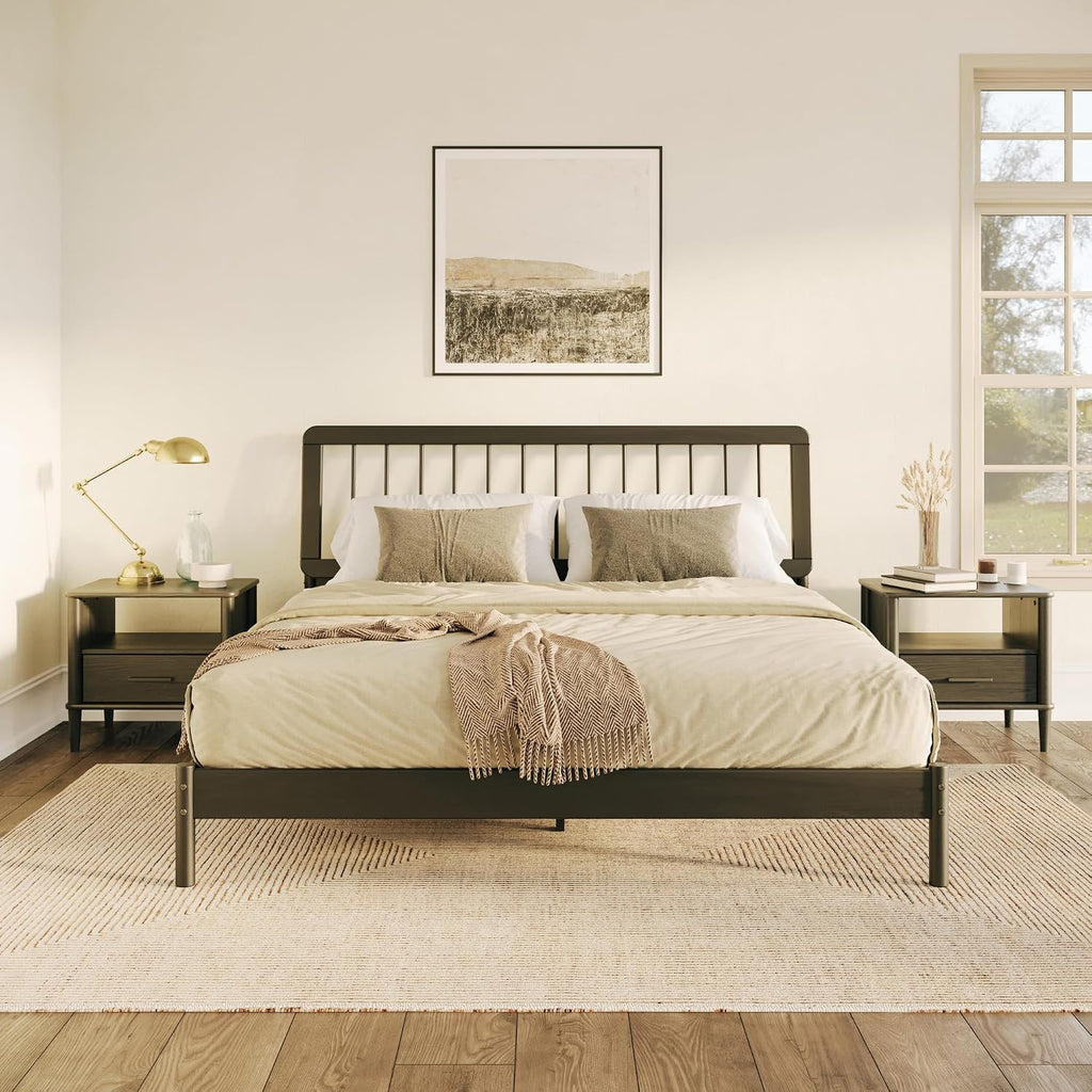 Walker Edison Clemente Mid-Century Modern Spindle Headboard King Bedframe, King Size, Black