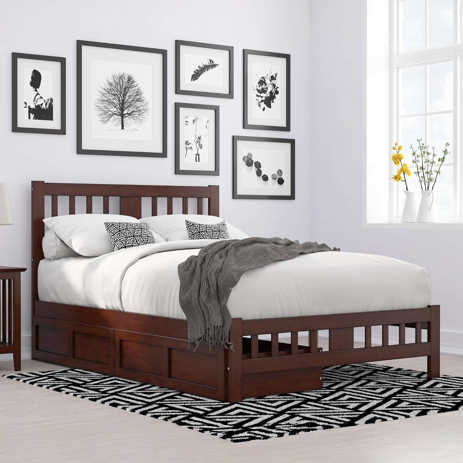 AFI, Tahoe Full Platform Bed with Matching Footboard & Set of 2 Under-Bed Storage Drawers, Walnut