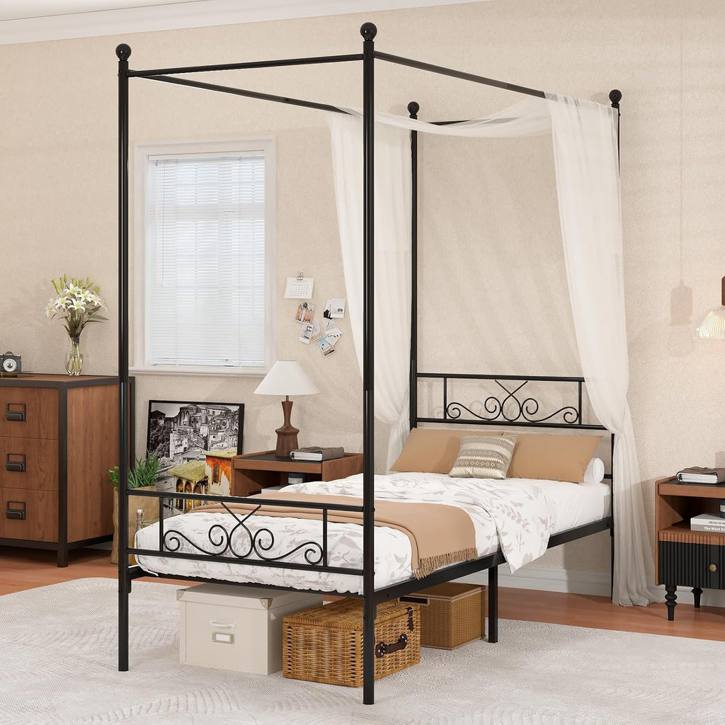 Weehom Twin Canopy Bed Frame with Headboard and Footboard, 4 Posters Metal Bed Frame, No Box Spring Needed, Mattress Foundation Platform Bed for Kids and Adults, Black