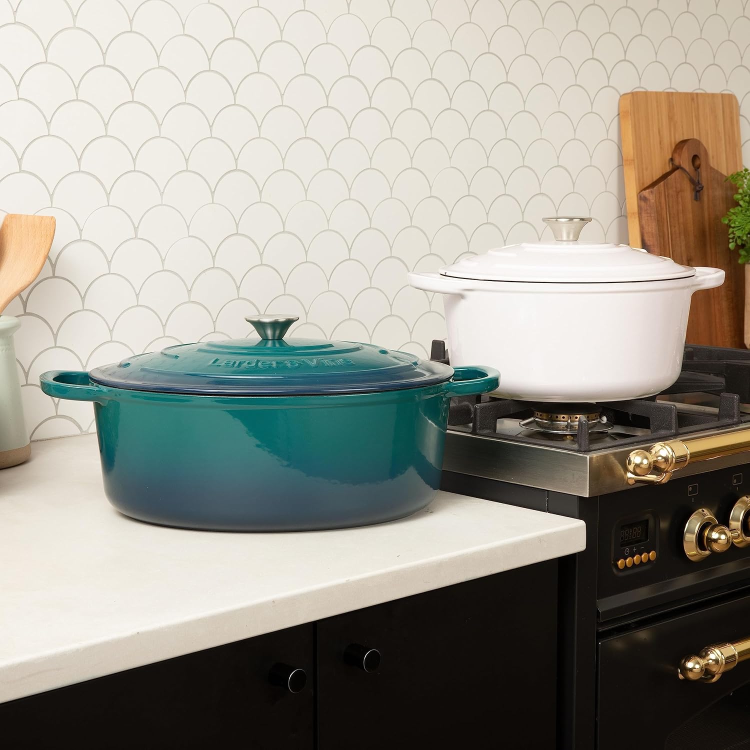 Larder & Vine 6-Piece Enameled Cast Iron Pan Cookware Sets, Includes 8 Quart and 5.7 Quart Dutch Oven with Lids, Braiser/Crock Pot with Lid (White)