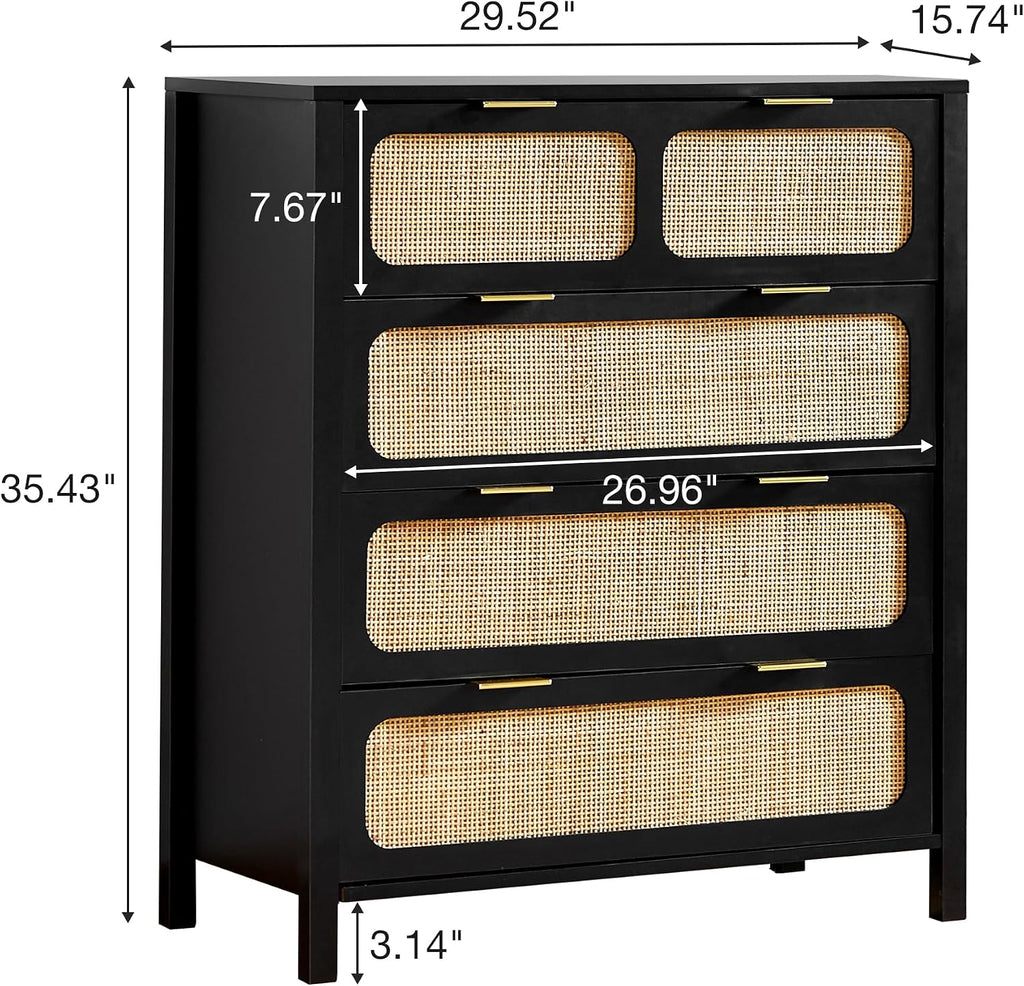 4 Drawer Dresser, Modern Rattan Dresser Chest with Wide Drawers and Metal Handles, Farmhouse Wood Storage Chest of Drawers for Bedroom, Living Room (Black-4 Drawers)