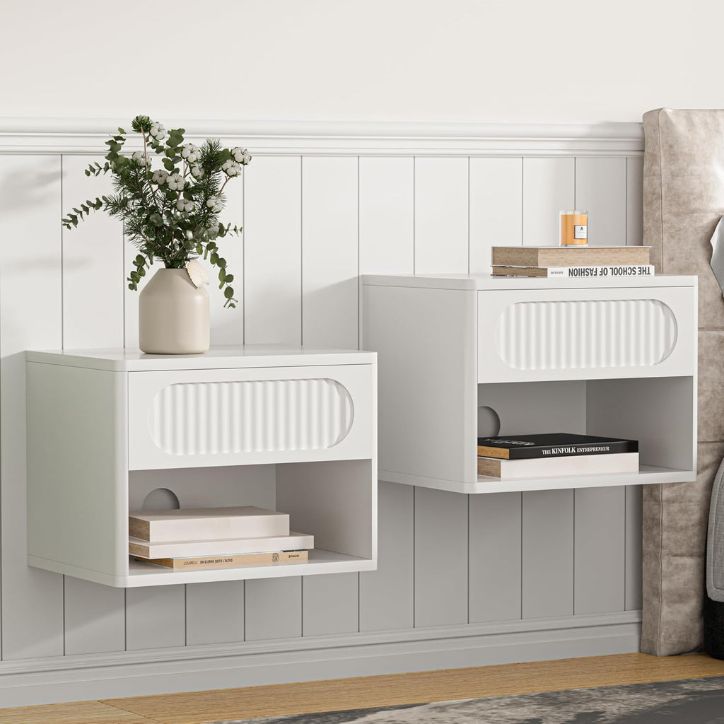 VDNEND Floating Nightstands with Drawer Set of 2, Modern Wall Mounted Bedside Tables for Bedroom, Space Saving Storage Cabinets, Easy Install Hanging Shelf Night Stands for Small Spaces (White)