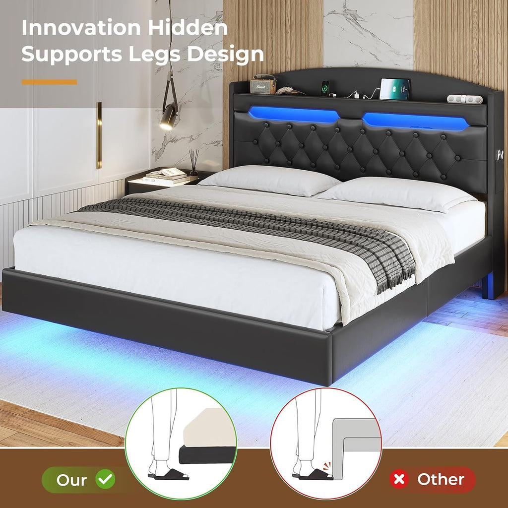 ADORNEVE Floating Bed Frame Full with Hidden Storage Headboard, Floating LED Bed Frame with Charging Station, Upholstered Leather Platform Bed with Storage, No Box Spring Needed, Black