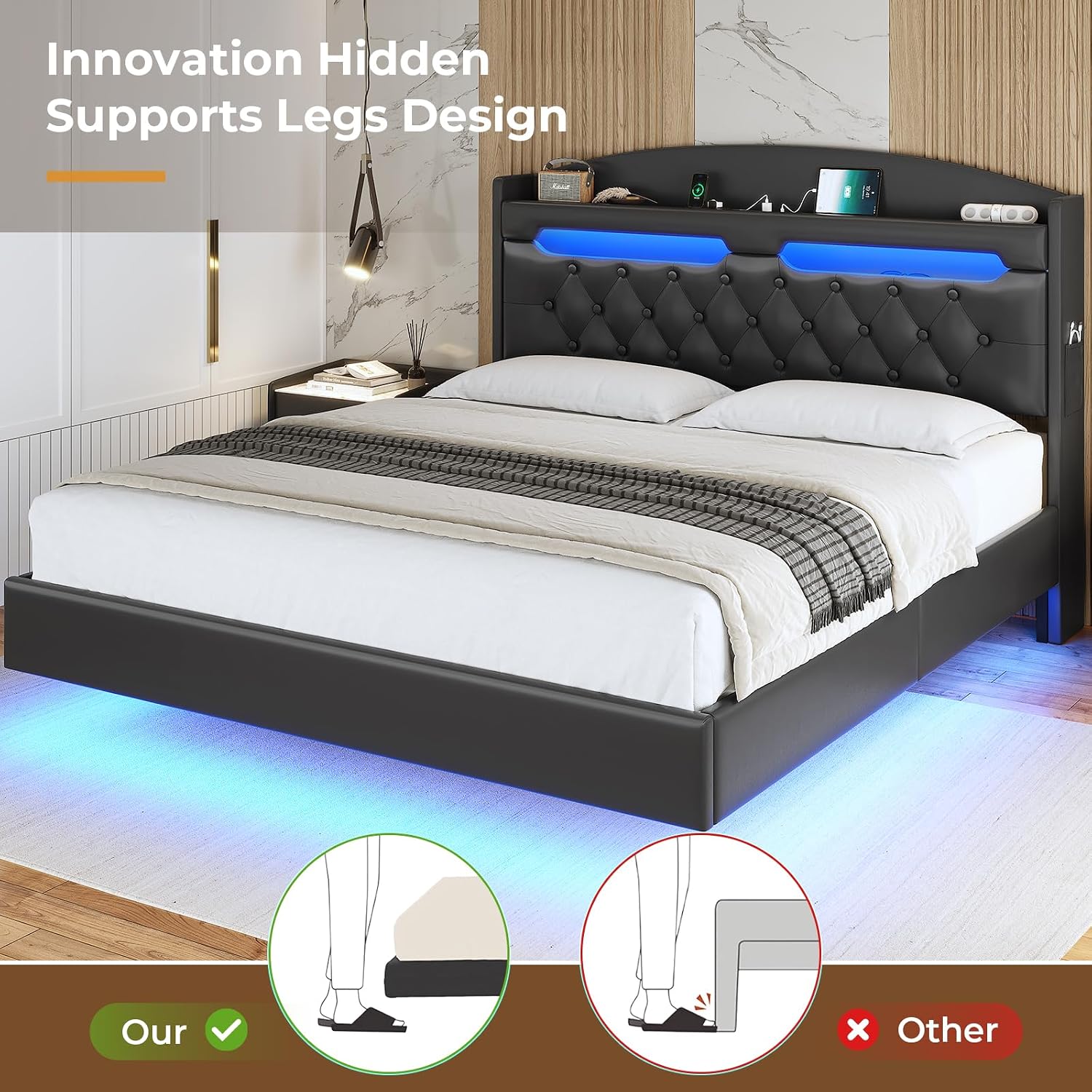 ADORNEVE Floating Bed Frame Full with Hidden Storage Headboard, Floating LED Bed Frame with Charging Station, Upholstered Leather Platform Bed with Storage, No Box Spring Needed, Black