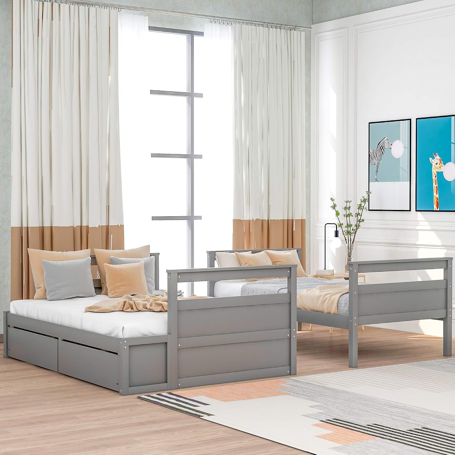 Merax Twin Over Full Bunk Bed, Wood Bunk Bed with Removable Ladders and Two Storage Drawers, Convertible into Two Individual Beds (Grey)