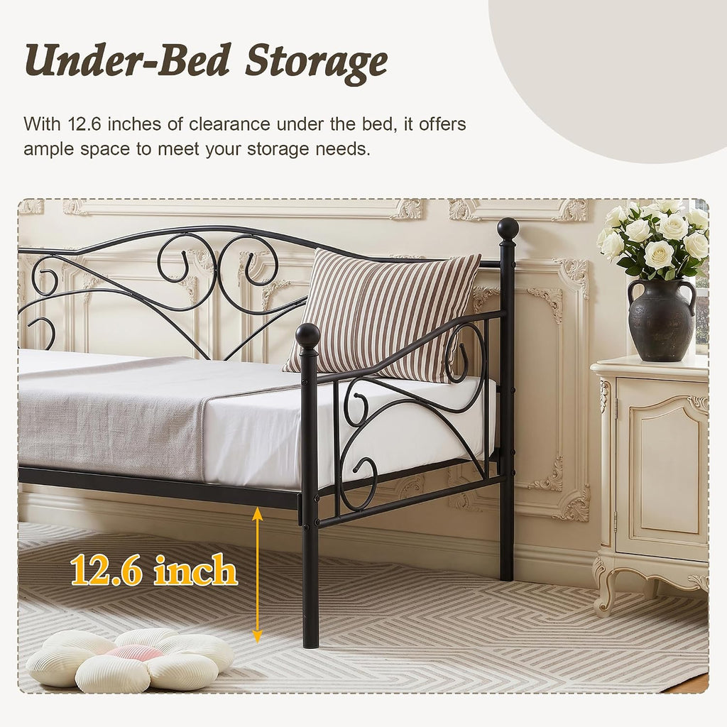 VECELO Daybed Frame, Twin Size Metal Platform Bed with Headboard,Heavy Duty Steel Slats Support for Living Room Bedroom Guest Room, Easy Assembly