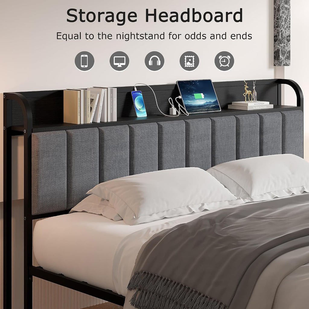 VECELO Full Bed Frame, Storage Upholstered Headboard with Charging Station, Platform Bedframe, Heavy Duty Metal Slats, No Box Spring Needed, Noise-Free, Easy Assembly, Dark Grey