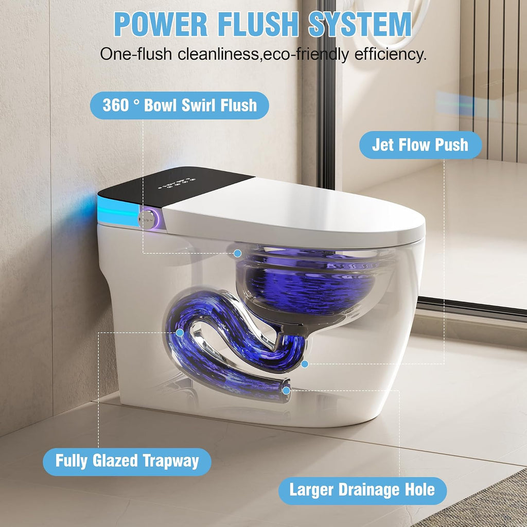 Luxury Smart Toilet, Elongated One Piece Toilet with Heated Seat, Dryer, Auto-Lift Lid, Soft Close, Night Light, Electric Tankless Bidet Toilets for Bathroom with Siphon Dual Flush 0.8/1.2 GPF