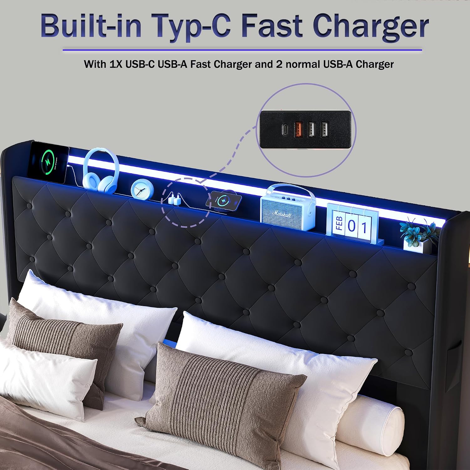 Ailisite Lift Up Storage Bed Full, Bed Frame Full Size with Charging Station & Led Lights, Upholstered Storage Bed with Wingback 2-Tier Bookcase Headboard, Hydraulic Lift, No Box Spring Needed,Black