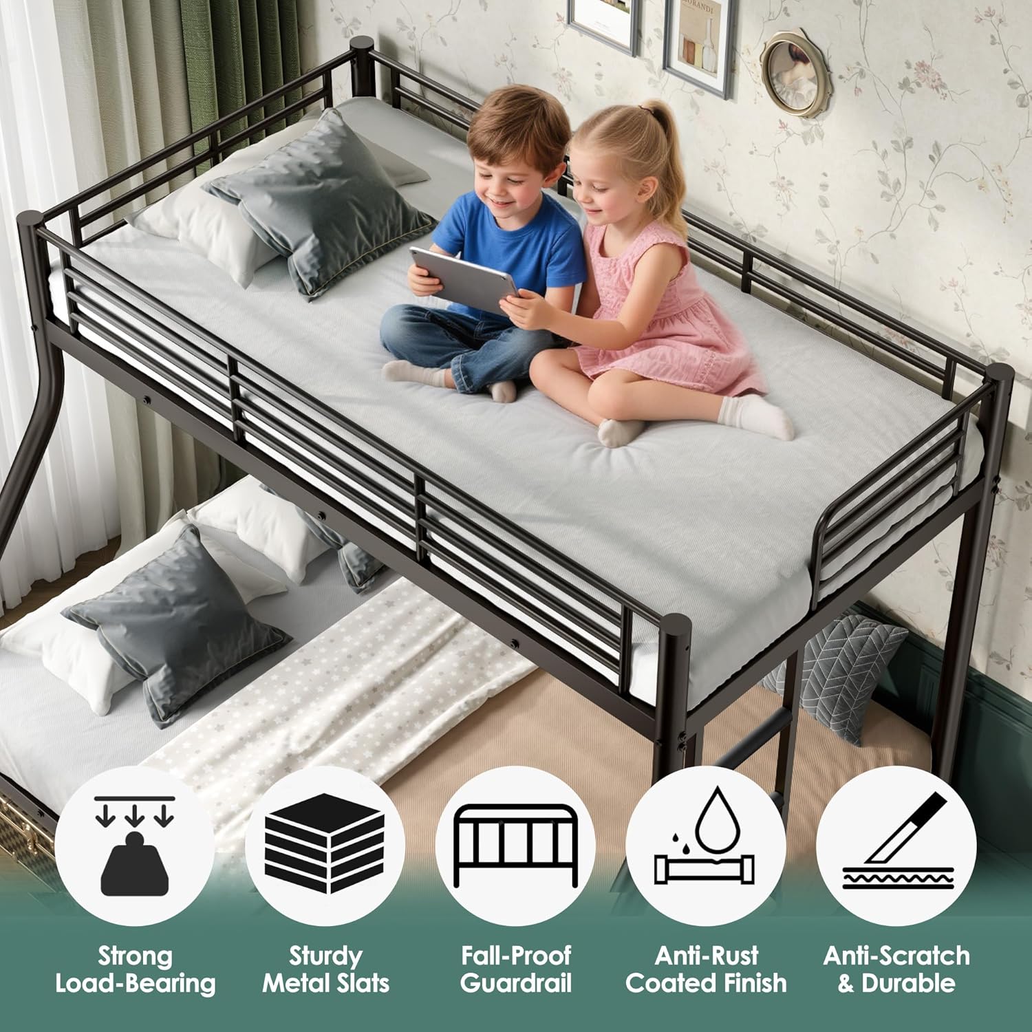 Bunk Beds Twin XL Over Queen, Heavy Duty Bunk Beds with Bottom Space & Guardrail Metal Bunk Bed Frame for Adults Teens Dorm Bedroom Guest Room, No Box Spring Needed（Black）