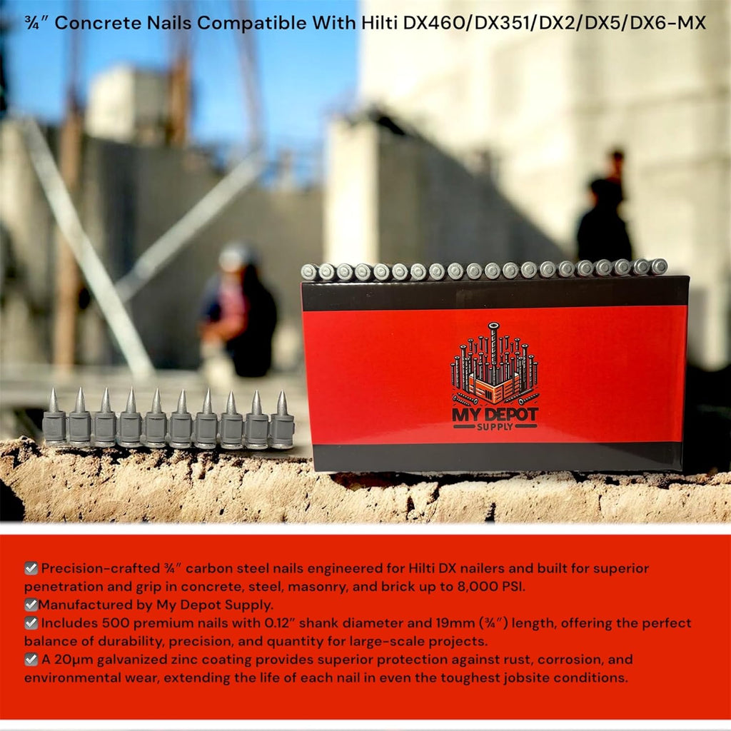 ¾″ Concrete Nails Compatible With Hilti DX460/DX351/DX2/DX5/DX6-MX-500x Count Flat Head Nails with 20µm Galvanized Zinc Coating-Heavy-Duty Construction Fasteners for Commercial & Residential Projects