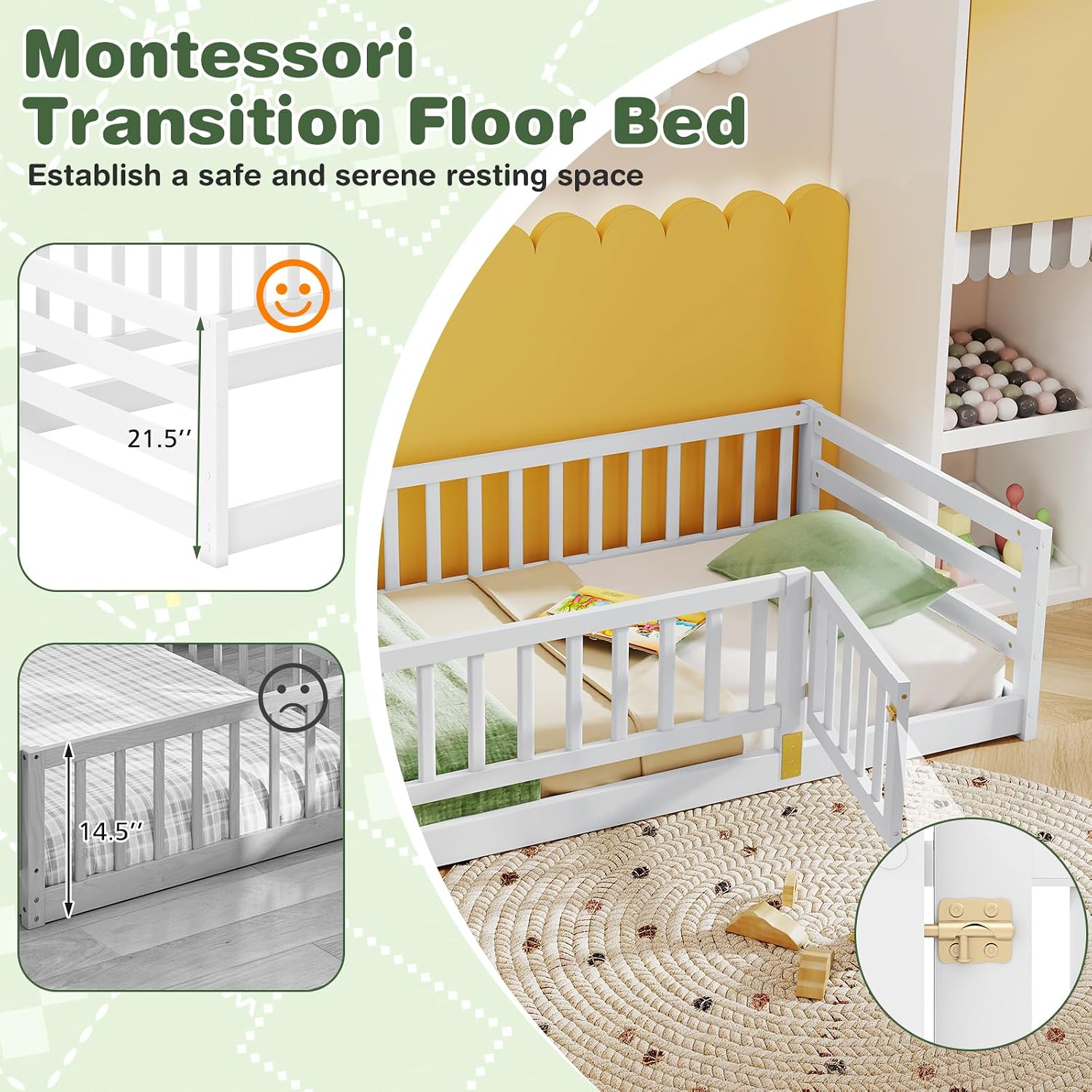 KOMFOTT Twin Size Wood Floor Bed with Door & 21.5' Fence, Montessori Bed Frame with Full Length Safety Guardrails, Door & Latch, Wooden Montessori Floor Bed for Kids, Girls, Boys