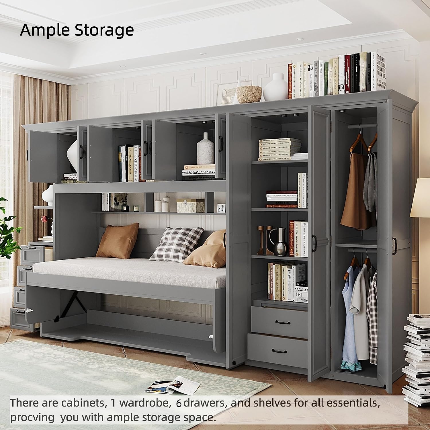 Merax Twin Size Murphy Bed with Desk, Multifunctional Wood Foldable Wall Bed with Wardrobe, Drawers and Cabinet, Space-Saving Hidden Bed for Guest Room Office, No Box Spring Needed, Grey
