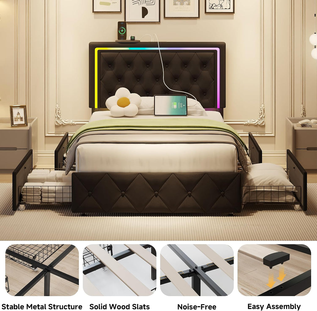 LED Twin Bed Frames with Headboard and Storage,Twin Size Bed Frames with 4 Storage Drawers and LED Lights,Velvet Upholstered Platform Twin Bed Frame with Charging Station,No Box Spring Needed,Black