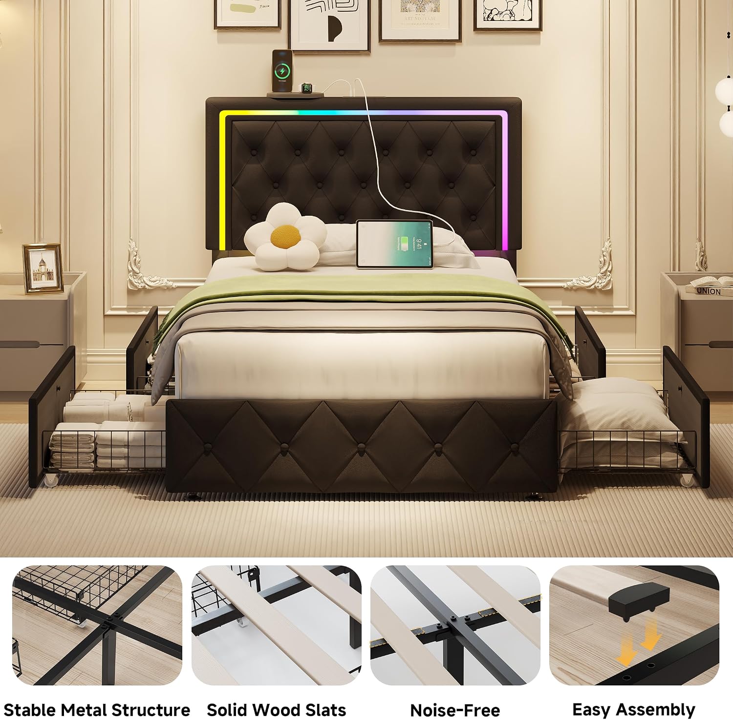 LED Twin Bed Frames with Headboard and Storage,Twin Size Bed Frames with 4 Storage Drawers and LED Lights,Velvet Upholstered Platform Twin Bed Frame with Charging Station,No Box Spring Needed,Black