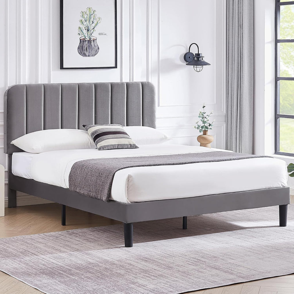 VECELO Full Size Upholstered Bed Frame with Adjustable Headboard, Velvet Platform Bedframe Mattress Foundation, Strong Wood Slat Support, No Box Spring Needed, Charcoal Grey