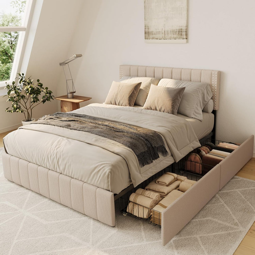 Gizoon Upholstered Full Bed Frame with 4 Storage Drawers, Headboard Adjustable, Noise Free, Wooden Slats Support, Fits 6' to 12' Mattress, No Box Spring Needed