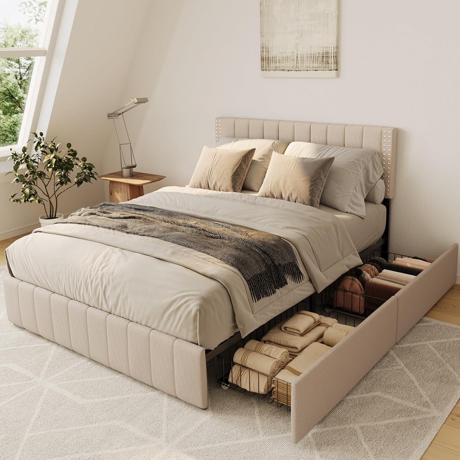 Gizoon Upholstered Full Bed Frame with 4 Storage Drawers, Headboard Adjustable, Noise Free, Wooden Slats Support, Fits 6' to 12' Mattress, No Box Spring Needed