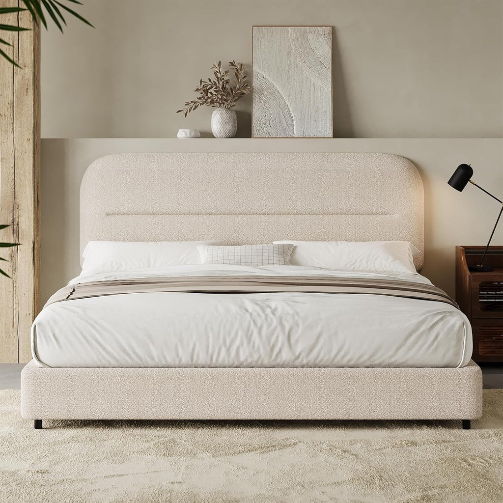 HOMBCK Full Size Boucle Bed Frame, Upholstered Cloud Bed with Headboard, Soft Bed Frames, Modern Style/Thickened Footboard/Rounded Corners Design/No Box Spring Required/Easy Assembly, Beige