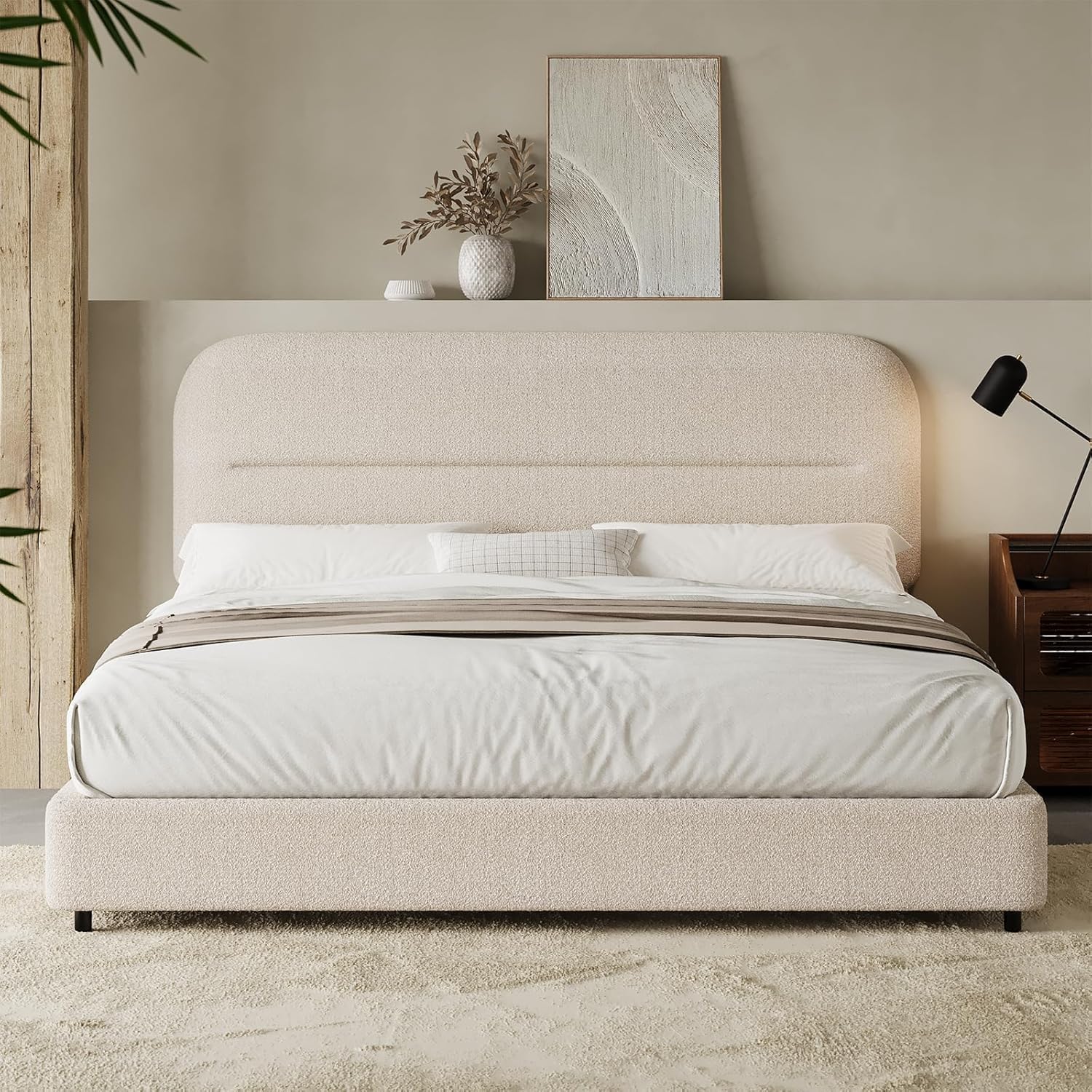 HOMBCK Full Size Boucle Bed Frame, Upholstered Cloud Bed with Headboard, Soft Bed Frames, Modern Style/Thickened Footboard/Rounded Corners Design/No Box Spring Required/Easy Assembly, Beige