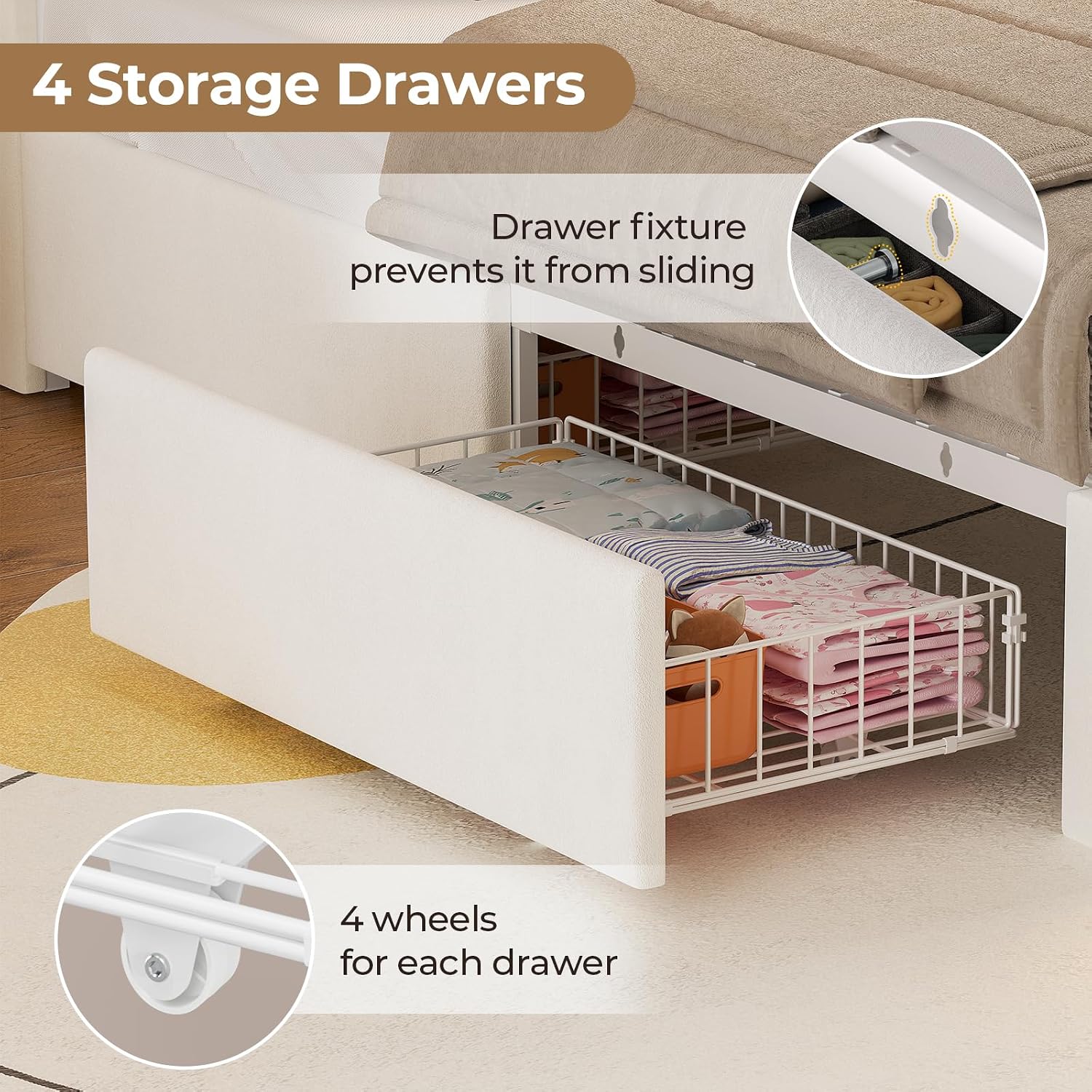 HAUOMS Full Size Bed Frame with LED Lights & 4 Drawers, Princess Velvet Upholstered Platform Bed for Girls, Headboard with Charging Station & Guardrail & Crystal Button, No Box Spring Needed, Beige